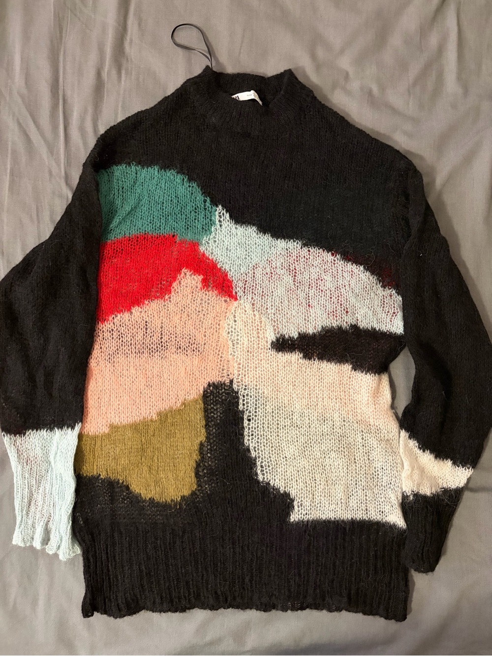 ZARA Abstract Colorblock Mock Neck Sweater - Black with Red, Green, and Cream